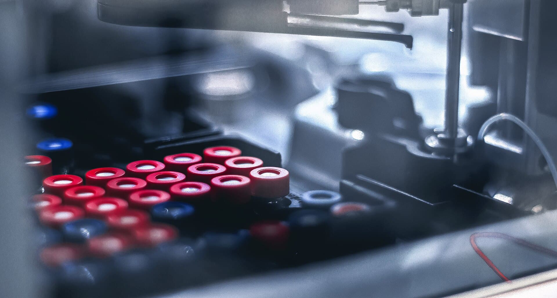 Autosampler tray of capped sample vials in an HPLC instrument