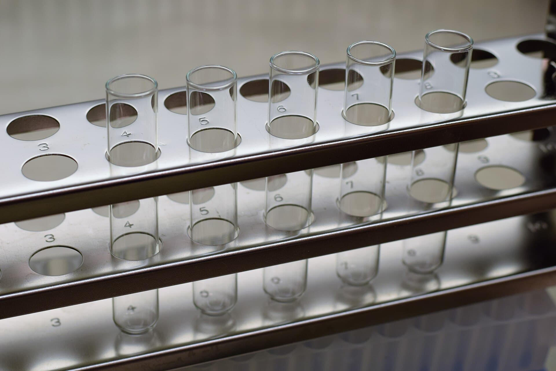 Clear glass test tubes held in a metal rack